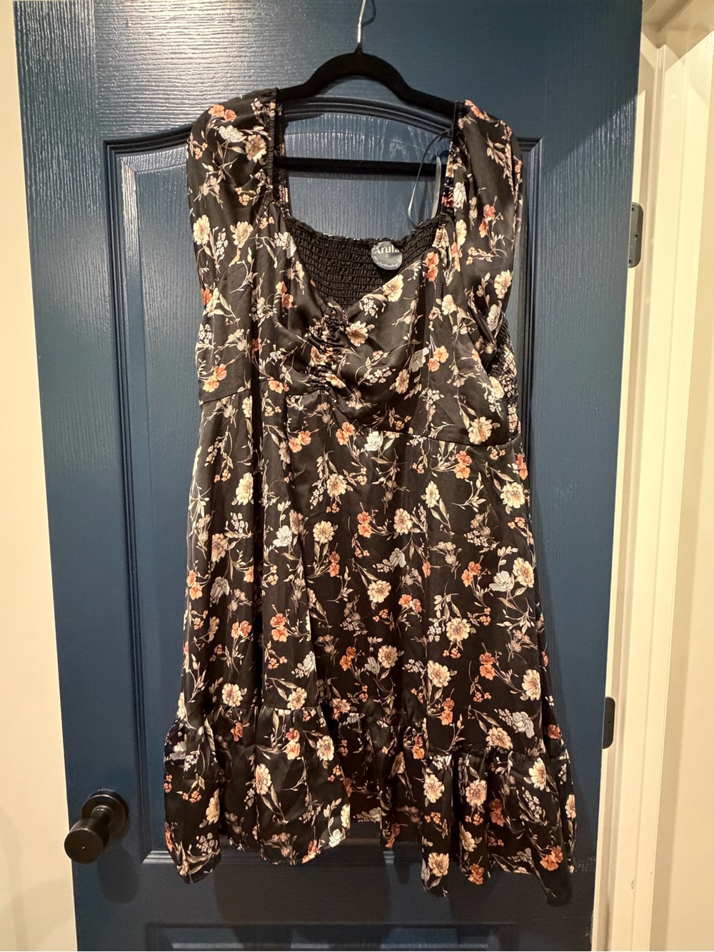 ARULA Black Satin Floral Mini Dress with Pink & Cream Blossoms